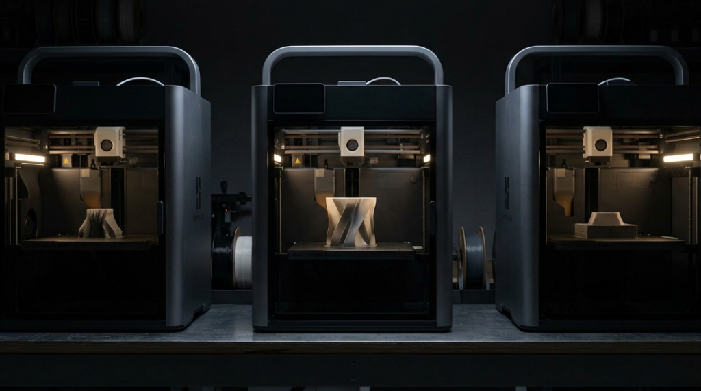 3D-Drucker arbeiten Nachts in einem dunklen Raum. Expresslösungen entstehen.